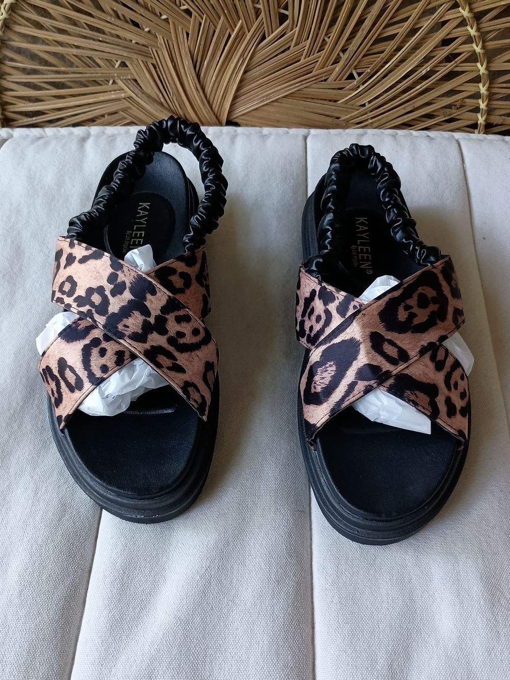 KAYLEEN By Los Angeles Leopard Print Cross-Strap Sandals in Brown and Black_39